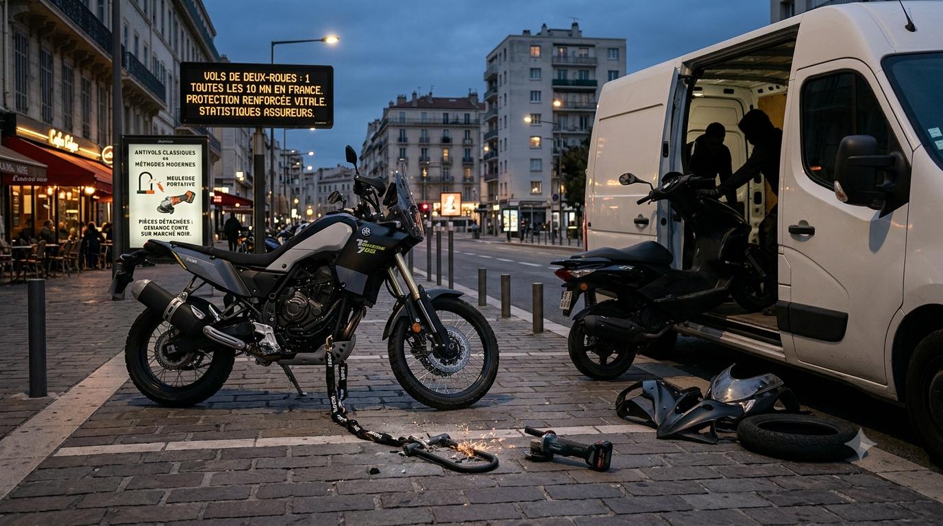 Scène urbaine illustrant le vol de moto.